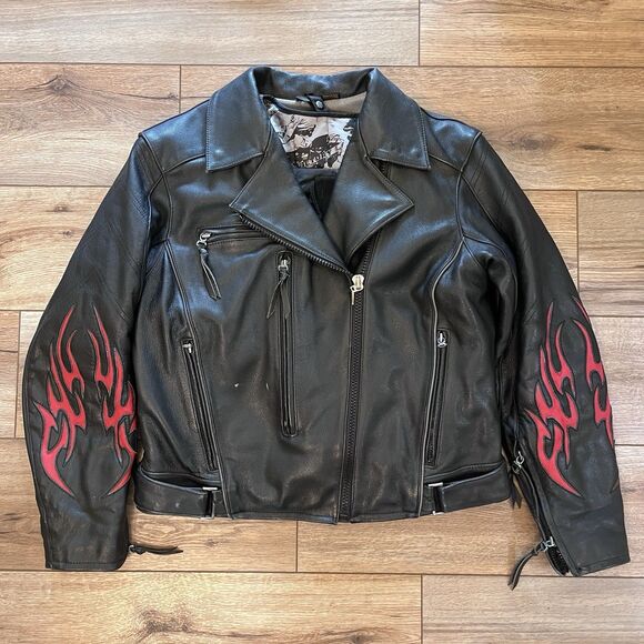First Gear Jackets & Blazers - First Gear Black Leather Flames Motorcycle Riding Biker Jacket Women's L w/Liner